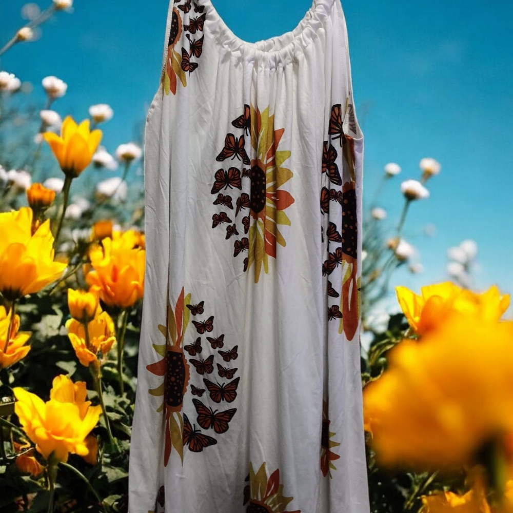 White Dress with Sunflower and Butterfly Print